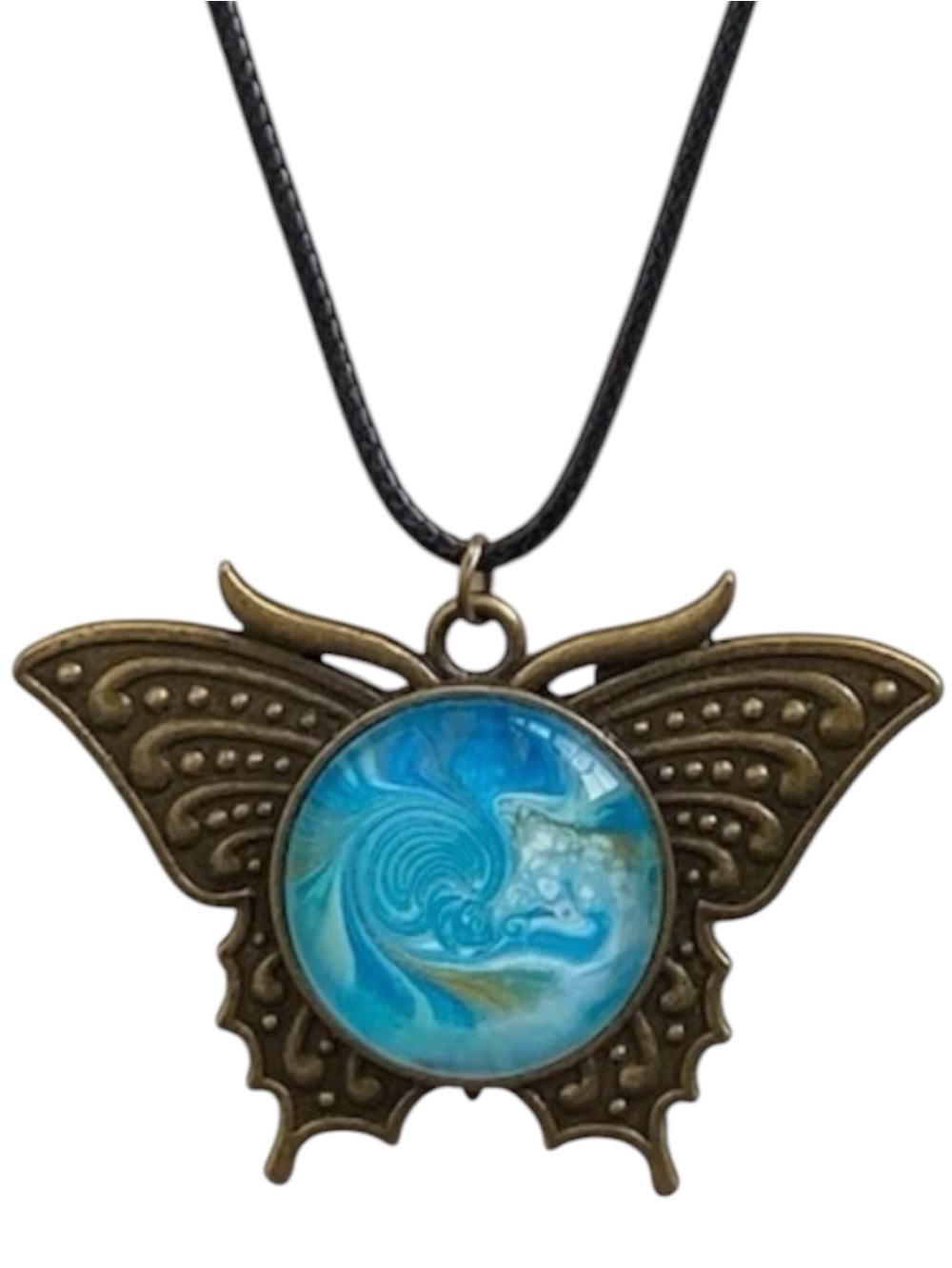 Hand Crafted Butterfly Necklace Blue Gold Fluid Art Pendant by Svetlana Yeung